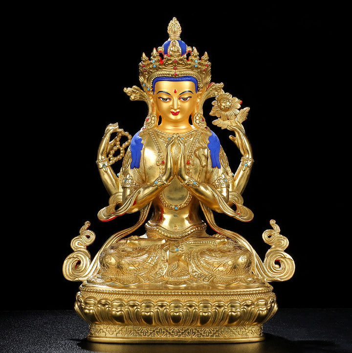 Chenrezig Vierarmige Avalokitesvara-Schutzstatue aus Kupfer, vergoldet, Dekoration