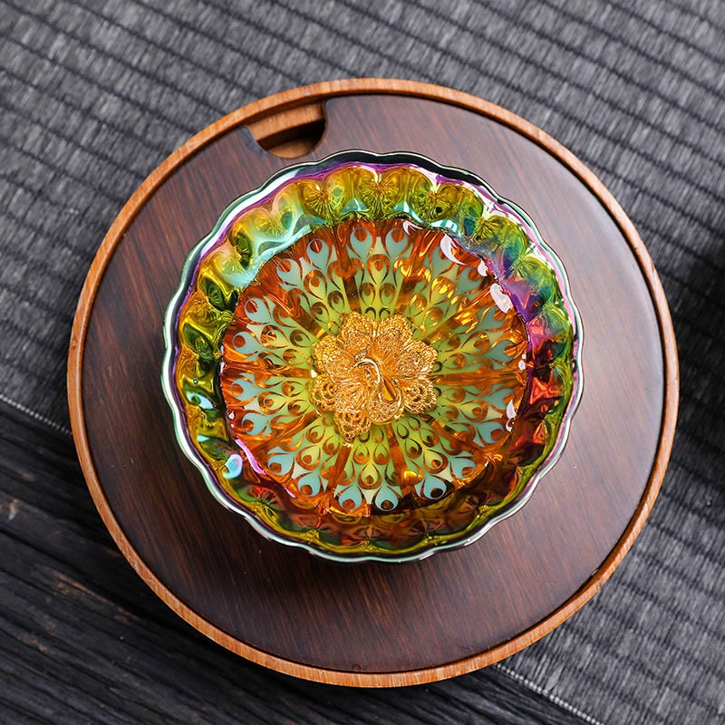 Buddha Stones Vivid Peacock Lotus Gold Intarsien Design Bunte chinesische Jianzhan Keramik Teetasse Kung Fu Teetasse