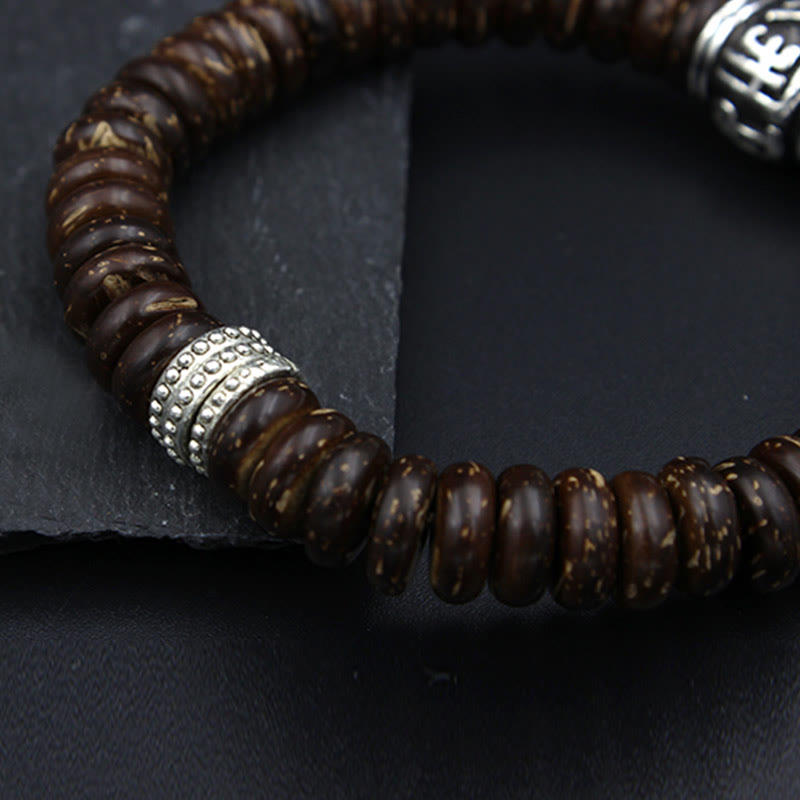 Buddha Stones Natürliches tibetisches Om Mani Padme Hum Positive Armband aus Kokosnussschale