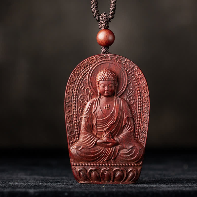 Chinesischer Sternzeichen-Natal-Buddha, kleines Blatt, rotes Sandelholz, Lotus-Schutz-Halsketten-Anhänger