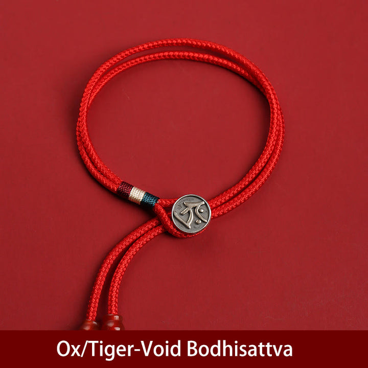 Buddha Stones 925 Sterling Silber chinesisches Sternzeichen Glück geflochtene rote Schnur Doppelschicht-Armband