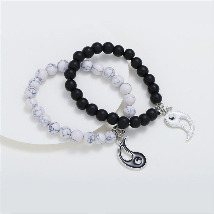 Buddha Stones 2 Stück natürliches schwarzes Onyx- Weiß -Türkis-Perlen-Yin-Yang-Paar-Armband