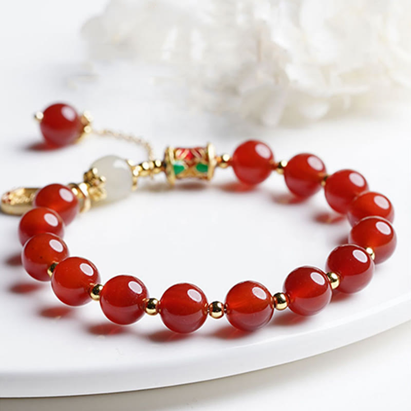 Buddha Stones Natürliches rotes Achat-Hetian-Jade-Fu-Charm-Charm-Armband