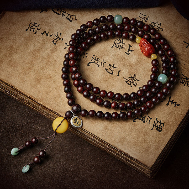 Buddha Stones, chinesisches Sternzeichen, Natal-Buddha, 108 Mala-Perlen, kleines Blatt, rotes Sandelholz, roter Achat, PiXiu-Schutzarmband