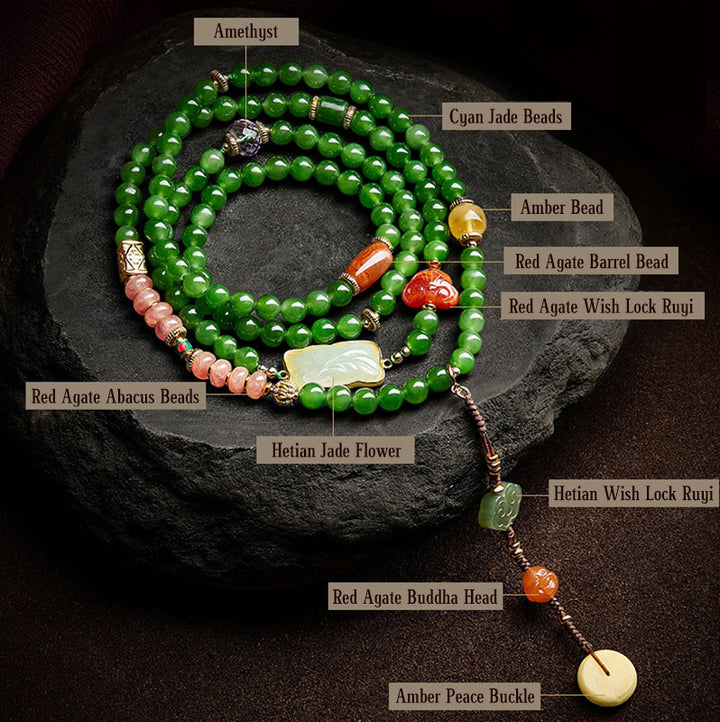 Buddha Stones 108 Mala Perlen Cyan Jade Roter Achat Lachender Buddha Glücksarmband