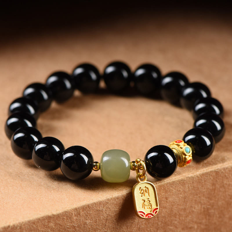 Buddha Stones, schwarzer Onyx, Hetian-Jade-Perlen, Glücksbringer-Charm-Armband