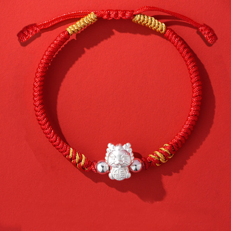 Buddha Stones aus 999er-Sterlingsilber, Jahr des Drachen-Fu-Charakters, ziehen Glück und Glück an, handgefertigtes geflochtenes Armband