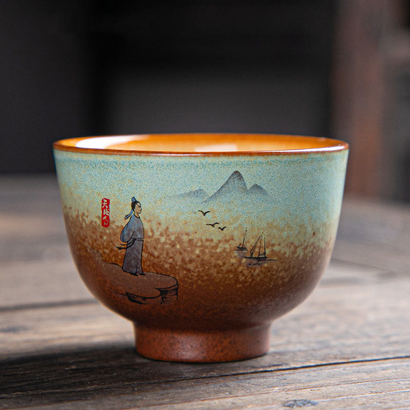 Buddha Stones, bunt, Hirsch, Pipa, Schnee, Pflaumenblüten, Berge, Flüsse, Vogel, Keramik-Teetasse, Kung-Fu-Teetasse, Schüssel