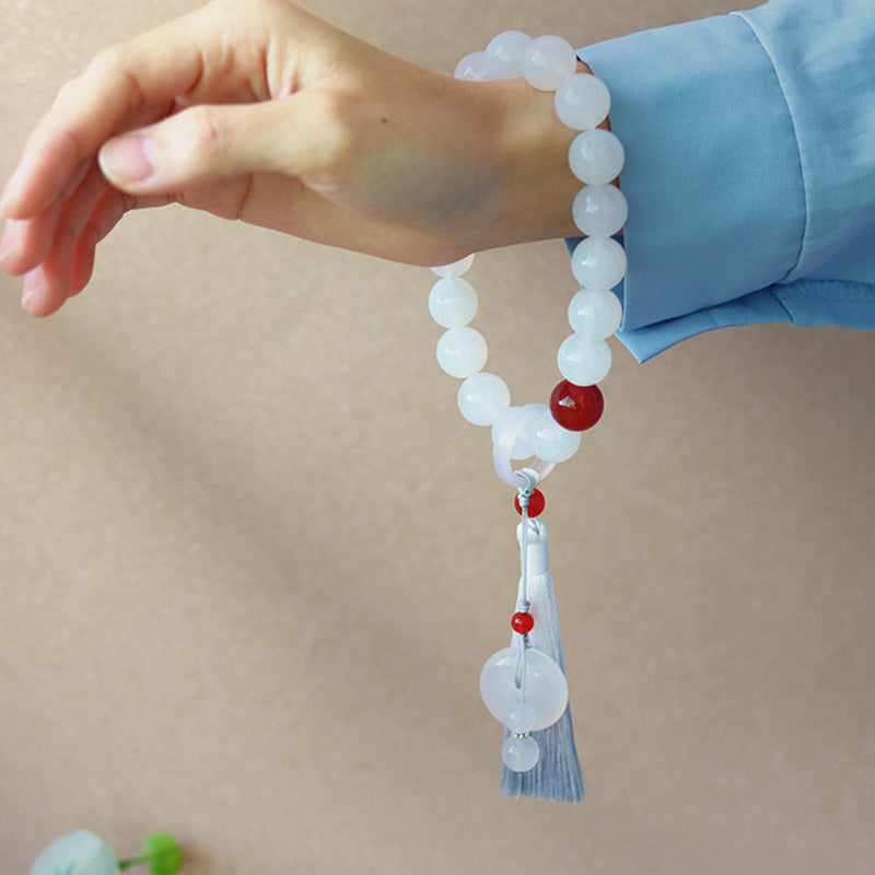 Buddha Stones, Weiß Achat, roter Achat, Glücks-Handgelenk-Mala, Quasten, Taschen-Mala, Auto-Dekoration