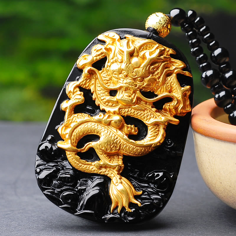 Buddha Stones 18 Karat vergoldete Drachen-Obsidian-Glücksanhänger-Halskette