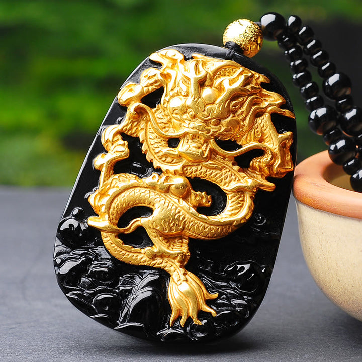 Buddha Stones 18 Karat vergoldete Drachen-Obsidian-Glücksanhänger-Halskette