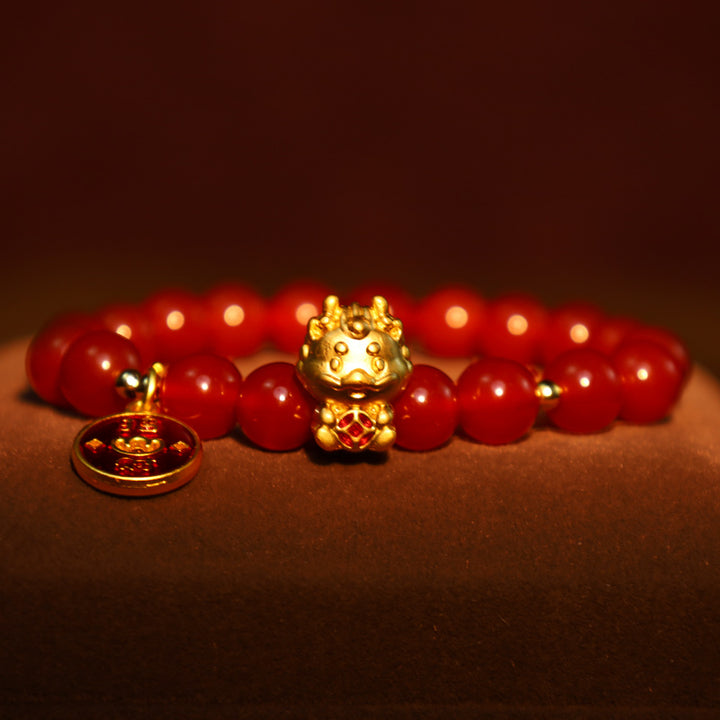 Buddha Stones, Jahr des Drachen, natürliches rotes Achat-Kupfer-Münze-Armband, das Glück anzieht