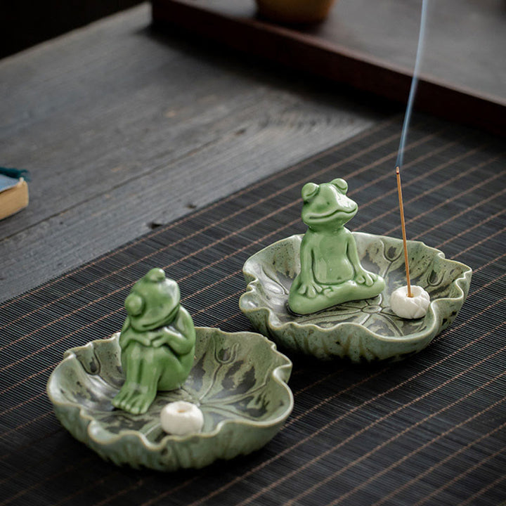 Buddha Stones, Blatt-Meditation, Frosch-Muster, heilende Keramik-Räuchergefäß-Dekoration