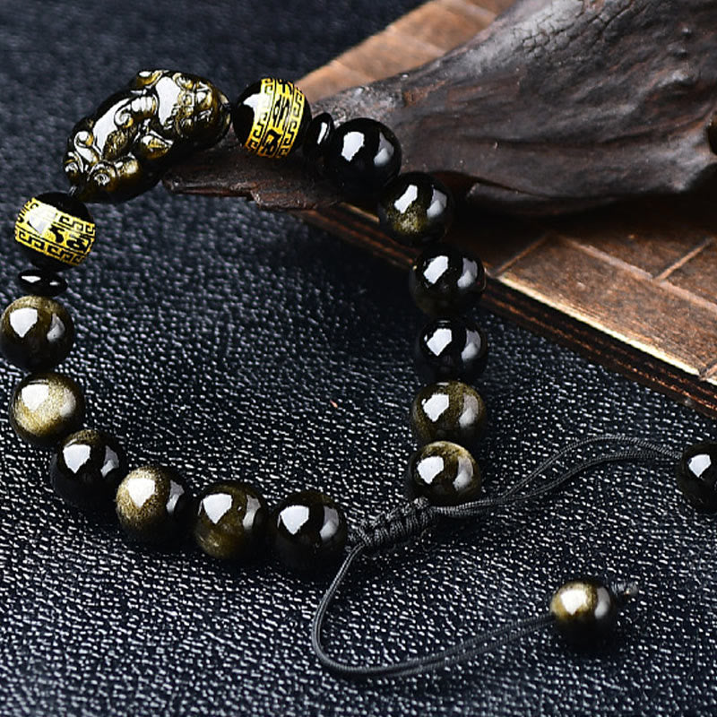 Buddha Stones Natürlicher Goldglanz-Obsidian PiXiu Om Mani Padme Hum Reichtum geflochtenes Armband