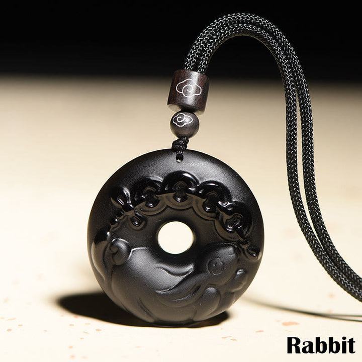 Buddha Stones, chinesisches Sternzeichen, natürlicher schwarzer Obsidian, Friedensschnalle, Stärke-Halsketten-Anhänger