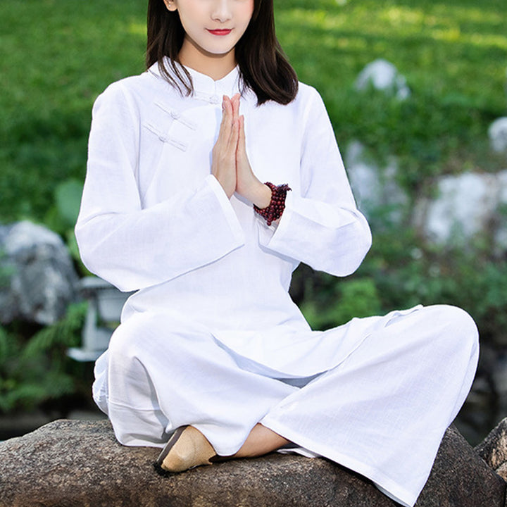 Buddha Stones 2-teiliges, schlichtes, langärmeliges Zen-Yoga-Kleidung, Meditationskleidung, Oberteil und Hose für Damen