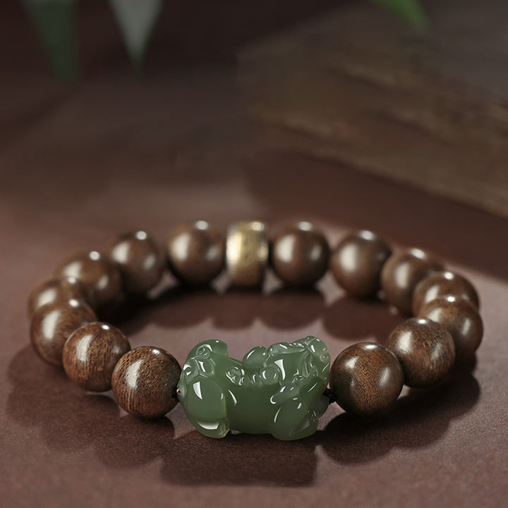 Buddha Stones 925 Sterling Silber Brunei Agarwood PiXiu Jade Peace Strength Armband