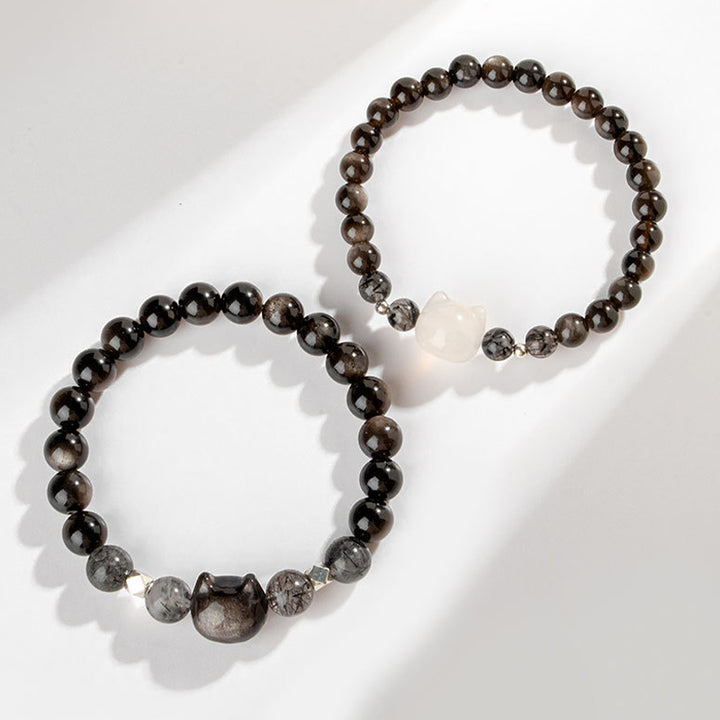 Buddha Stones Natürliches silberglänzendes Obsidian-Armband zum Schutz des niedlichen Katzenkopfes