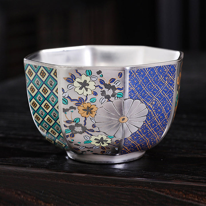 Buddha Stones 999 Sterling Silber Vergoldung Chrysanthemenblüten Keramik Teetasse Kung Fu Teetasse