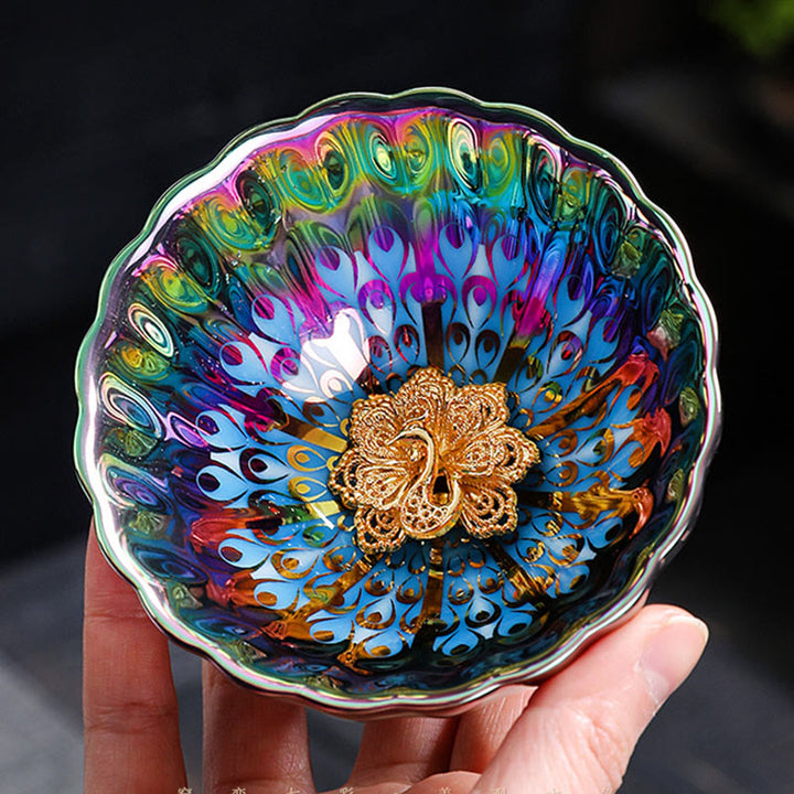 Buddha Stones Vivid Peacock Lotus Gold Intarsien Design Bunte chinesische Jianzhan Keramik Teetasse Kung Fu Teetasse