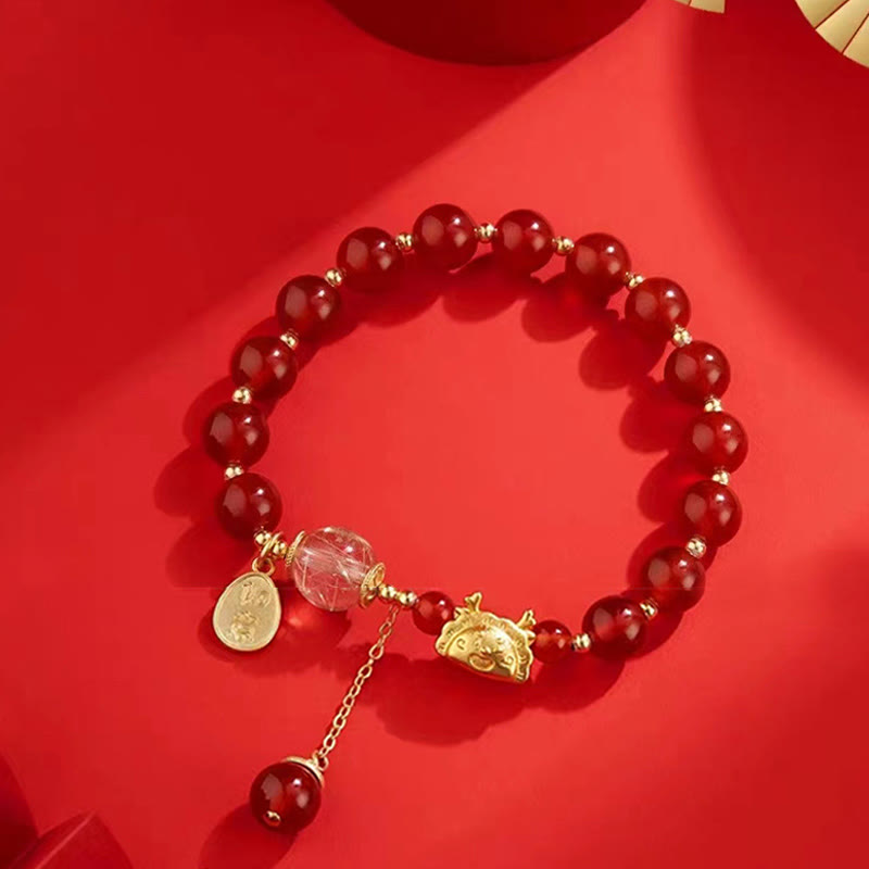 Armband mit Buddha Stonesn, Jahr des Drachen, Knödel, natürlicher roter Achat, Granat, Hetian-Jade, Fu-Charakter, Glück, Erfolg