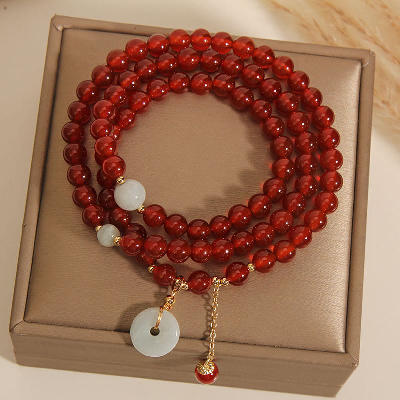 Buddha Stones Natürliches rotes Achat-Jade-Peace-Schnalle-Calm-Dreifach-Wickelarmband