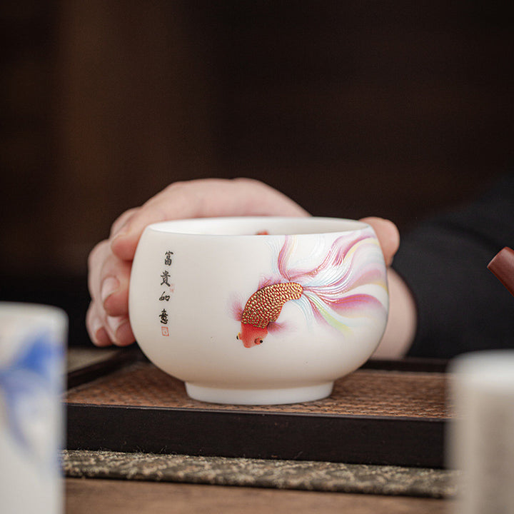 Buddha Stones Koi Fisch Weiß Porzellan-Keramik-Teetasse Kung-Fu-Teetasse