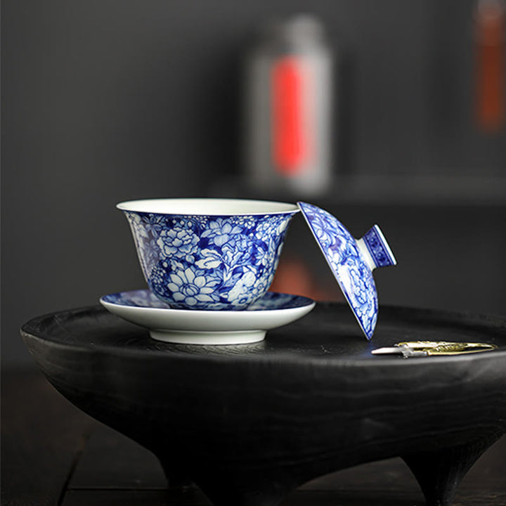Buddha Stones Vintage blaue und Weiß Porzellan-Keramik-Gaiwan-Sancai-Teetasse Kung-Fu-Teetasse und Untertasse mit Deckel