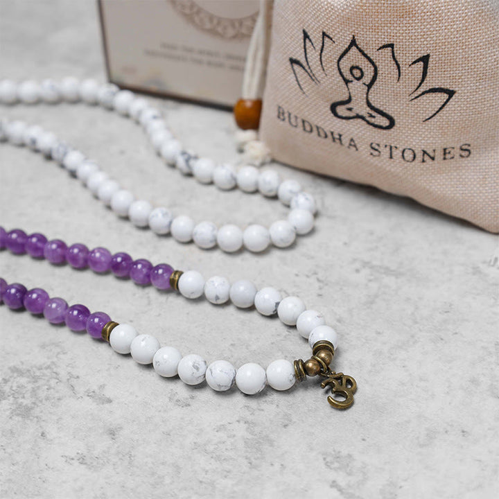 108 Mala-Perlen, Amethyst, Weiß, Türkis, OM-Heilmeditation, Energiearmband