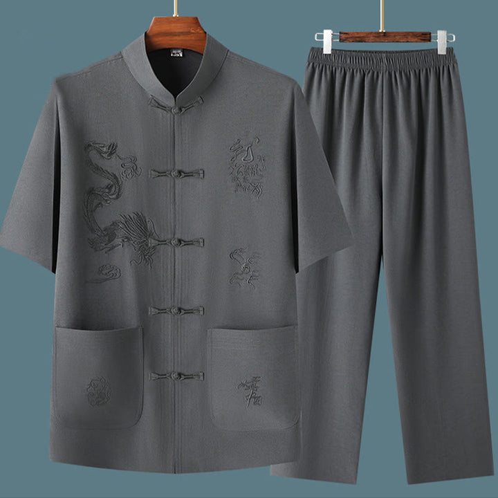 Buddha Stones Tang Anzug Hanfu Chinesischer Drache Traditionelle Kung Fu Uniform Kurzarm Tops und Hosen Kleidung Herren Set