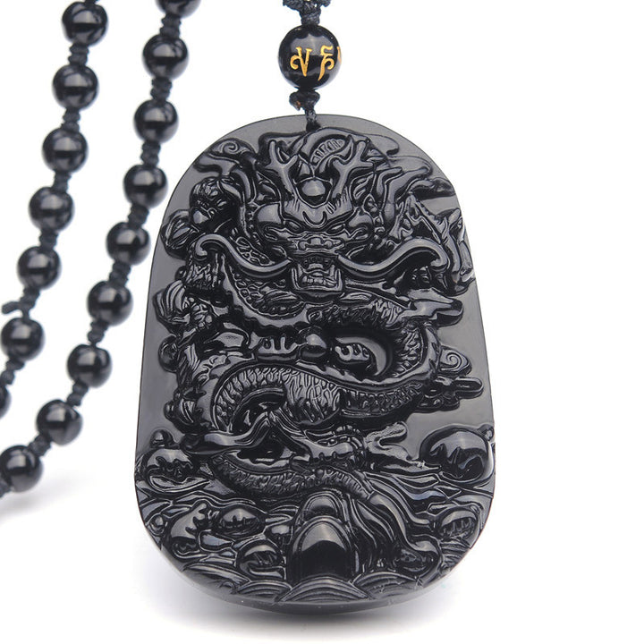 Halskette mit Anhänger „Drachenerfüllung“ aus schwarzem Obsidianstein von Buddha Stones