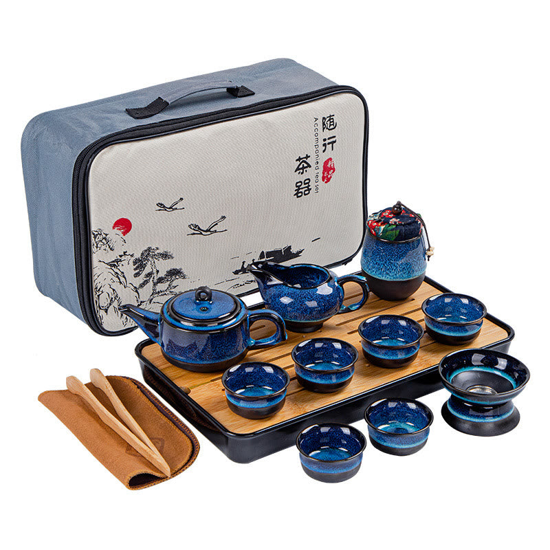 Buddha Stones, blauer Farbverlauf, chinesischer Gongfu-Tee, Keramik-Teekanne, tragbares Geschenkbeutel-Box-Set