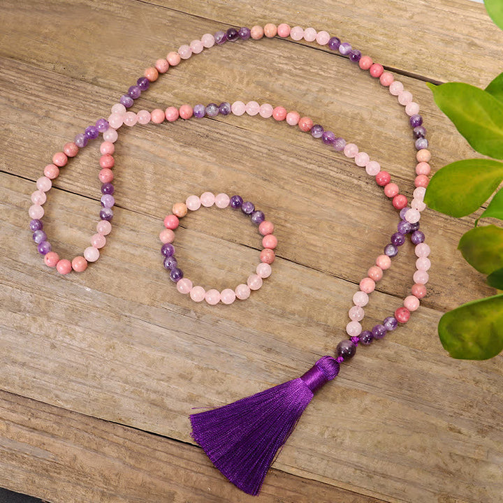 Buddha Stones 108 Mala Perlen Amethyst Rosenquarz Spirituelle Heilung Quastenarmband