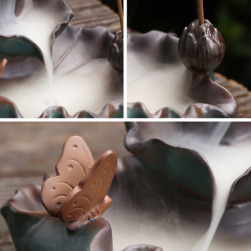 Buddha Stones, Lotusblütenblatt, Frosch, Schmetterlingsmuster, heilende Keramik-Räuchergefäß-Dekoration