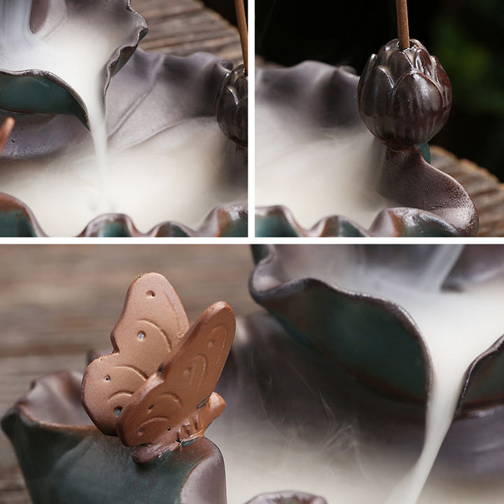 Buddha Stones, Lotusblütenblatt, Frosch, Schmetterlingsmuster, heilende Keramik-Räuchergefäß-Dekoration