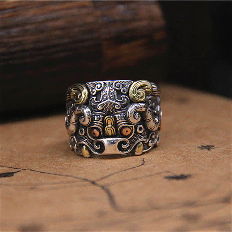 925 Sterling Silber Fengshui Kui Rinderschutz Verstellbarer Ring