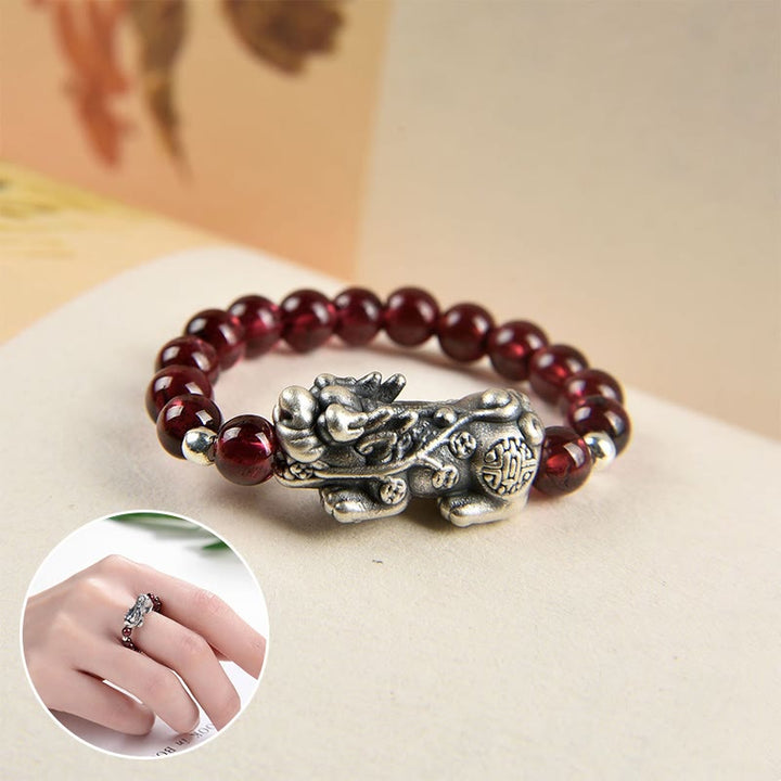 Buddha Stones 925 Sterling Silber Natürlicher Granat Mondstein Roter Achat PiXiu Reichtumsring