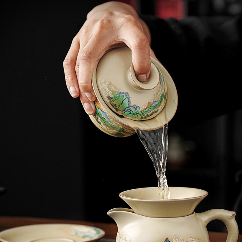 Buddha Stones Ein Panorama von Flüssen und Bergen Blumen Keramik Gaiwan Sancai Teetasse Kung Fu Teetasse und Untertasse mit Deckel