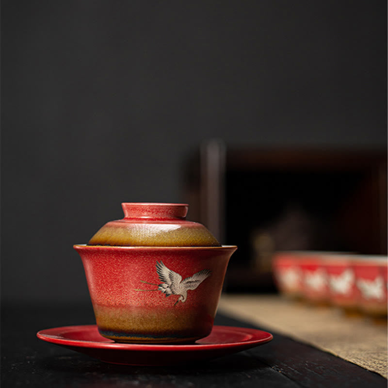 Buddha Stones, roter verheißungsvoller Kranich, Keramik, Gaiwan-Sancai-Teetasse, Kung-Fu-Teetasse und Untertasse mit Deckel