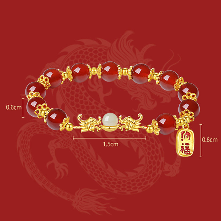 Buddha Stones 925 Sterling Silber Jahr des Drachen natürliches rotes Achat Hetian Jade Fu Charakter Charm Stärke Armband