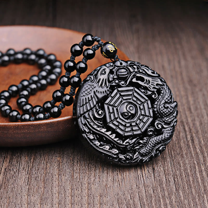 Buddha Stones Bagua Dragon Phoenix Obsidian Erfüllung Anhänger Halskette