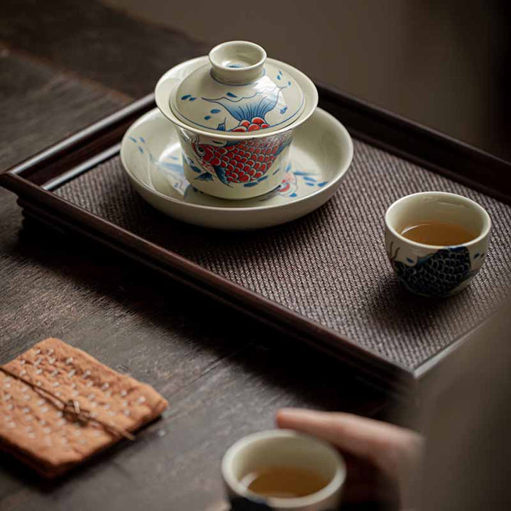 Buddha Stones Koi Fisch Arowana Keramik Gaiwan Sancai Teetasse Kung Fu Teetasse mit Deckel 130 ml