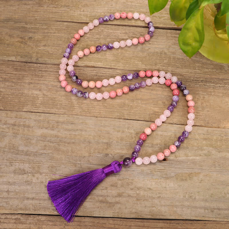 Buddha Stones 108 Mala Perlen Amethyst Rosenquarz Spirituelle Heilung Quastenarmband