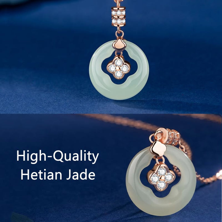 Buddha Stones 925 Sterling Silber natürliche Hetian Jade Glück vierblättriges Kleeblatt Zirkon Halskette Anhänger mit Geschenkbox