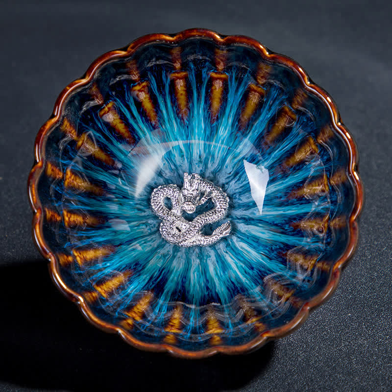 Buddha Stones Lotus Goldfisch Verheißungsvoller Drache Phönix Teetasse aus Keramik mit Silbereinlage, 130 ml