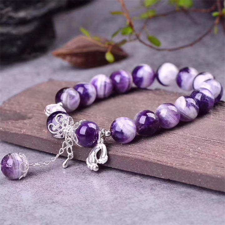 Buddha Stones Armband mit Anhänger aus 925er-Sterlingsilber, natürlicher Amethyst, heilende Füße, Liebesherz