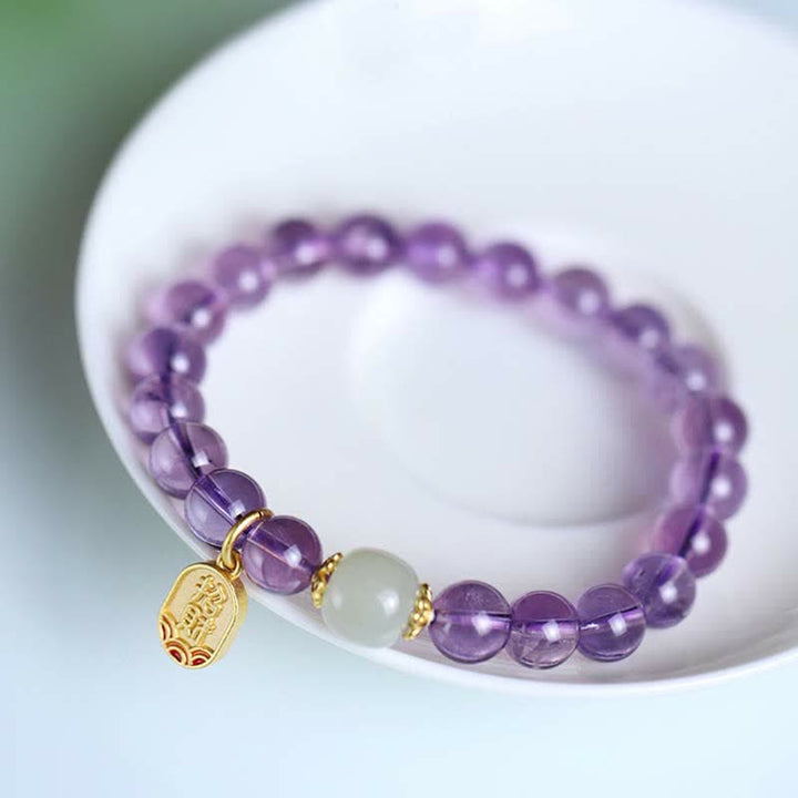 Buddha Stones Natürliches Amethyst-Kristall-Hetian-Jade-Heilungs-Charm-Armband