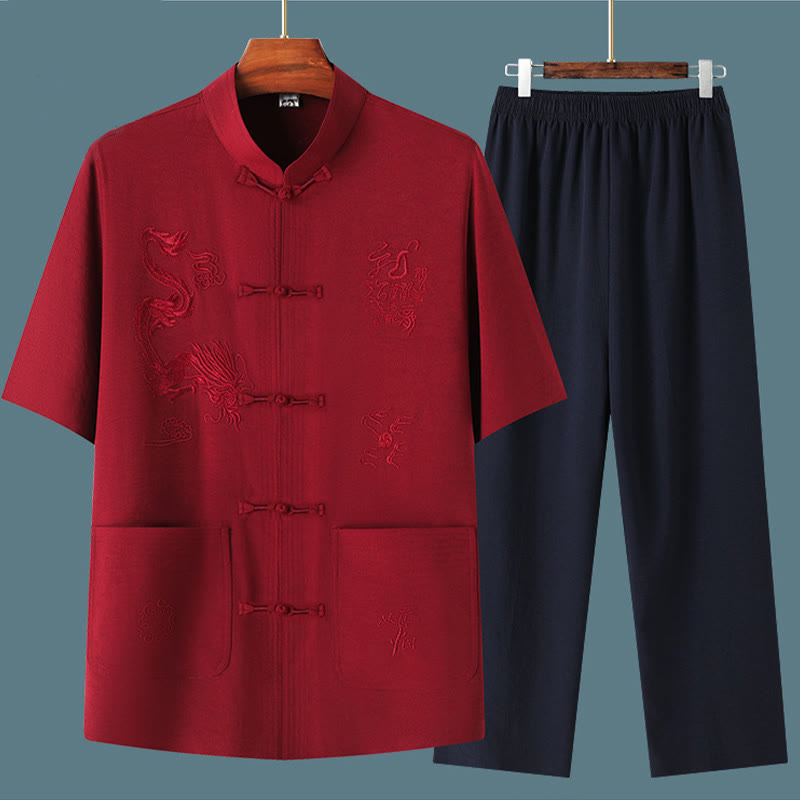 Buddha Stones Tang Anzug Hanfu Chinesischer Drache Traditionelle Kung Fu Uniform Kurzarm Tops und Hosen Kleidung Herren Set