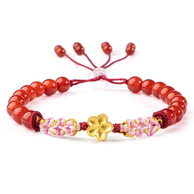 Buddha Stones 999 Sterling Silber natürliches rotes Achat-Rosa-Kristall-Kirschblüten-Armband