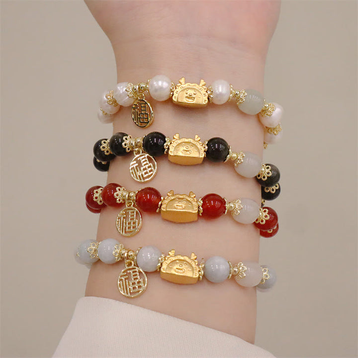 Buddha Stones, Jahr des Drachen, roter Achat, Erdbeerquarz, schwarzer Obsidian, Jade, Granat, Perle, Zinnober, Knödel, Drache, Glück, Fu, Charakter-Armband